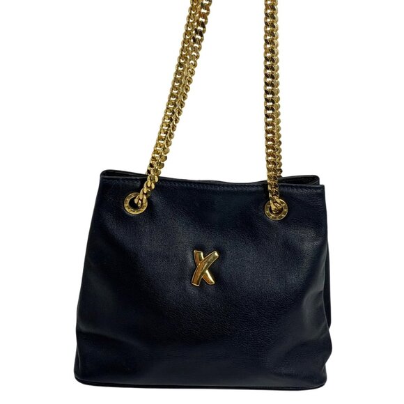 VTG PALOMA PICASSO Mini Black Leather Gold Tone Chain Strap Shoulder Handbag - Picture 1 of 14